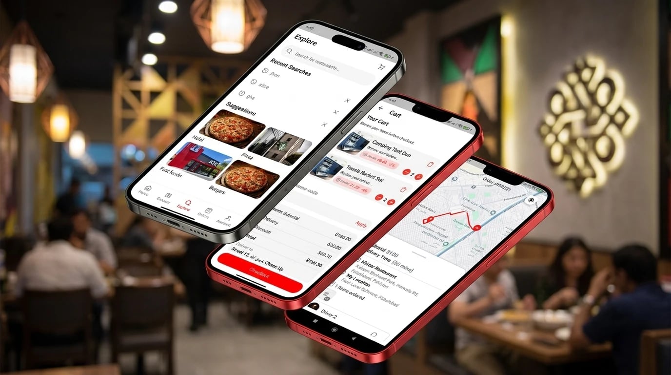 BiteTaps customer app on a phone, with the rider app and merchant app on two other phones