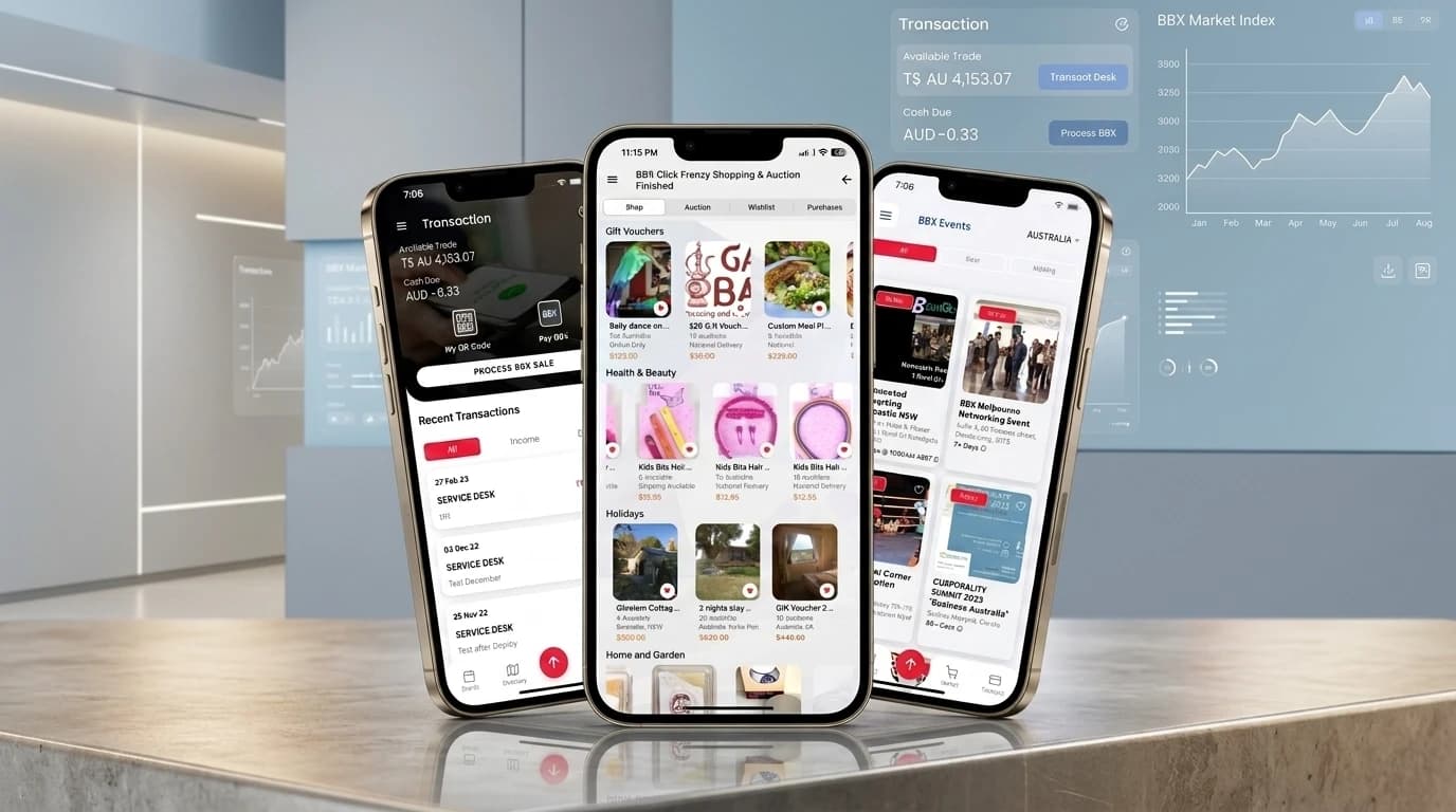 BBX Connect member app — business directory, marketplace, events and trade balance screens
