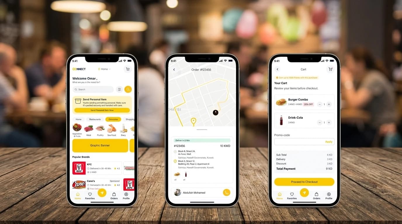 Connect delivery platform — admin dashboard with user activity and customer satisfaction reporting, beside the customer app tracking an order on a live map