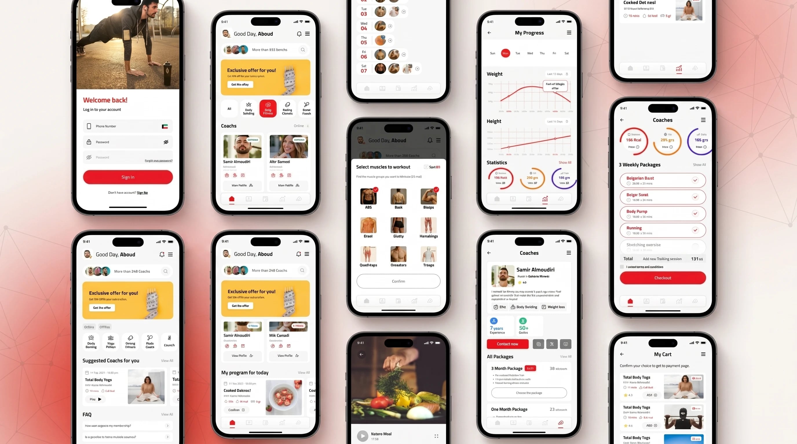 Growth fitness app — AI body analysis, personalised workout plans and trainer dashboard screens