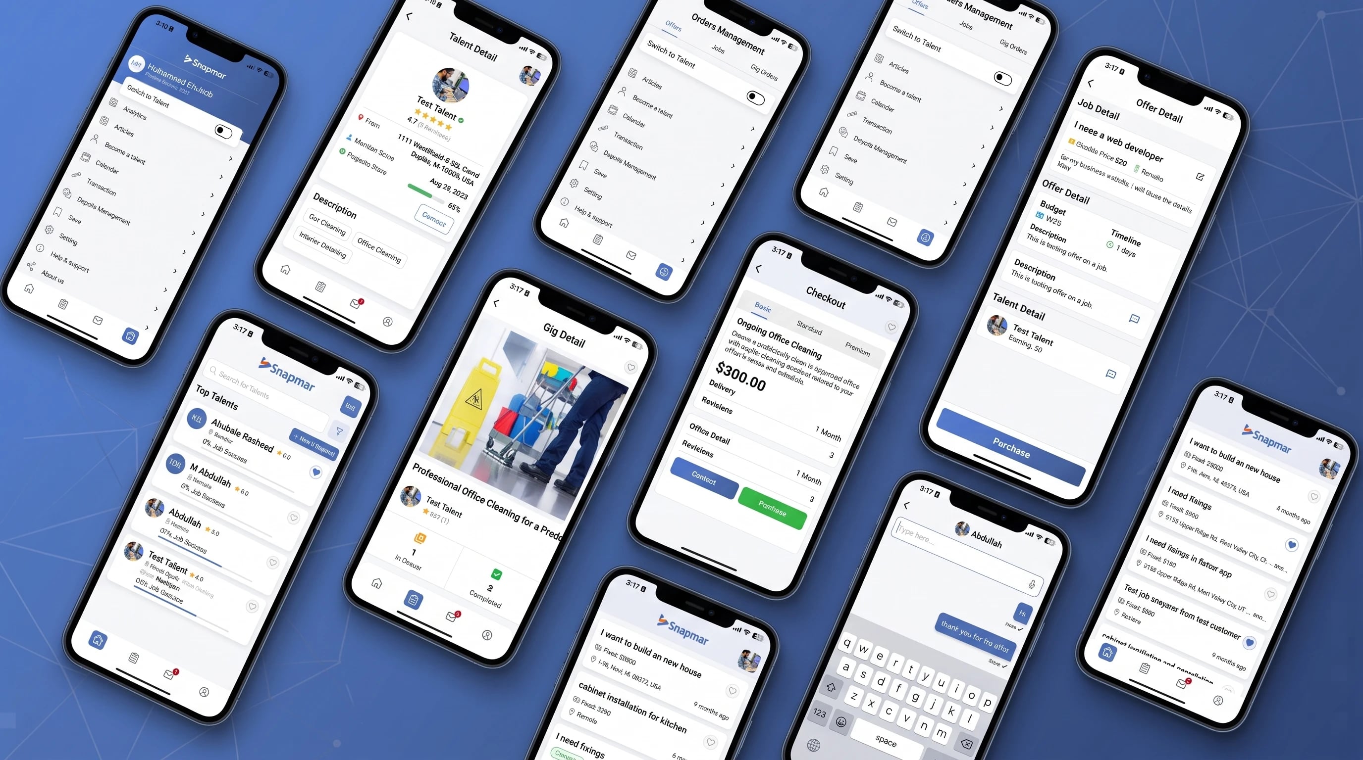 Snapmar mobile app — talent search, gig detail, offer checkout, chat and job management screens